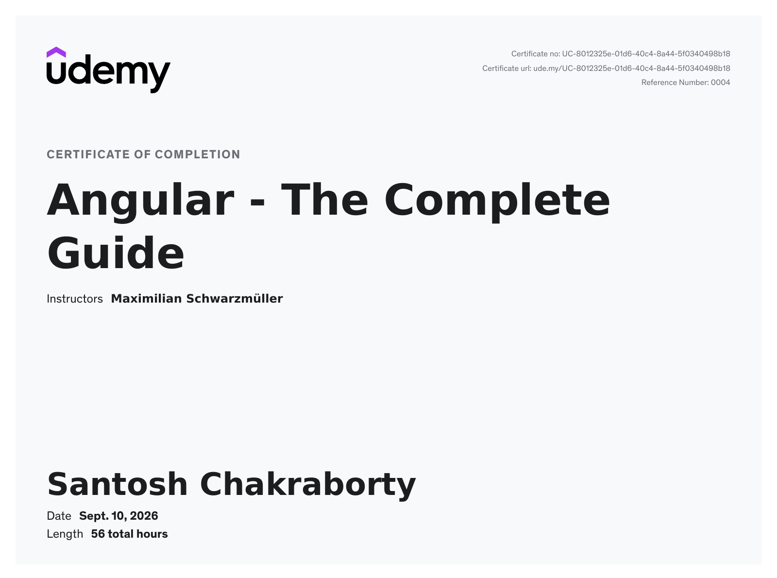 Angular - The Complete Guide Certificate